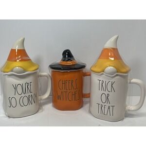 3x Rae Dunn Halloween Coffee Mugs + Lids Artisan Collection Witch, Candy Corn
